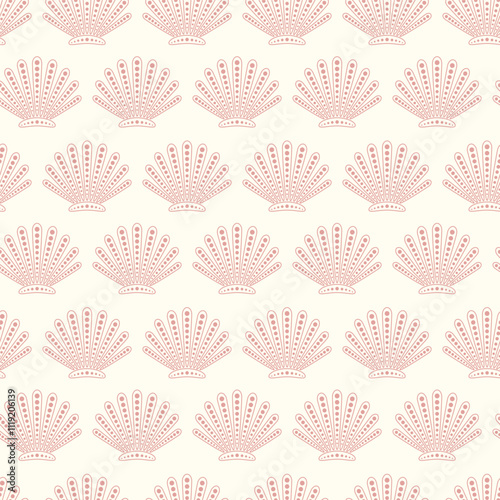 Abstract underwater seamless pattern with repeated shells. Aquatic ornament wallpaper. Groovy geometric ocean wildlife vector print