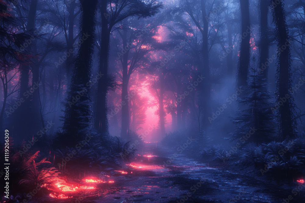 Obraz premium mystical forest at night. Tall trees are surrounded by thick fog 
