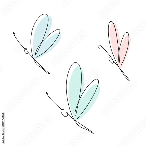 A set of colorful flying dragonflies is hand-painted in pastel shades, isolated on a white background, contour illustration with a single line. Decorative element for decoration, decor, holiday