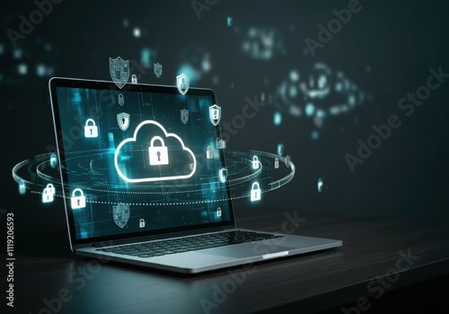 Wallpaper Mural Vsual cloud Laptop networks security, showcasing a glowing cloud surrounded by interconnected nodes on laptop.big data, and digital storage.cloud Torontodigital.ca