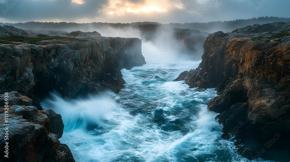 Fototapeta premium Dramatic Ocean Waves Crashing Through Coastal Rocks