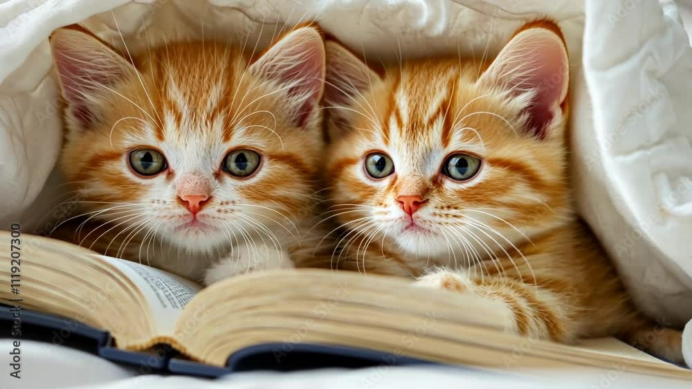 Two playful kittens exploring a book while nestled under a cozy blanket Two playful kittens exploring a book while nestled under a cozy blanket