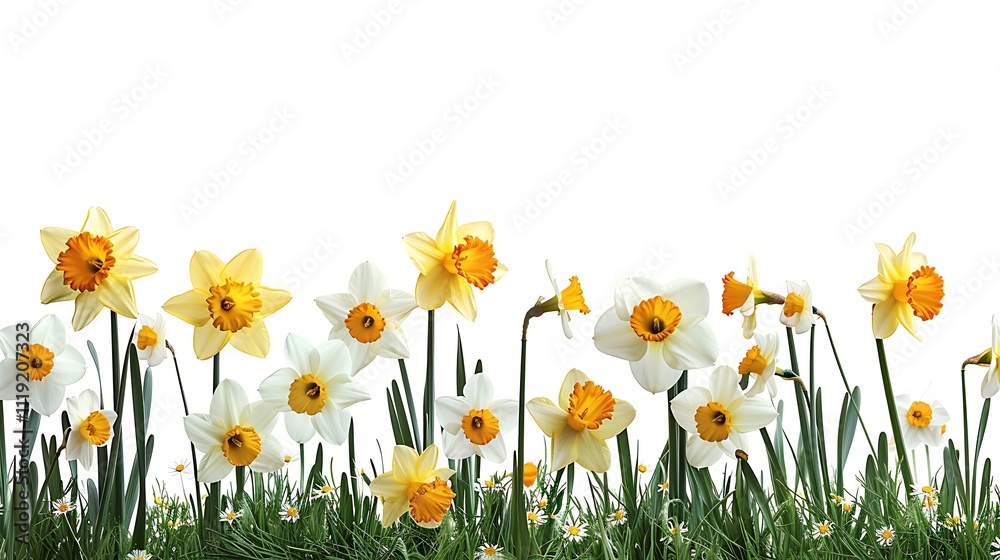 Spring floral border with fresh daffodils isolated on white background, focusing on Mother's, Women's, Easter, Wedding Day concept Spring floral border with fresh daffodils isolated on white background, focusing on Mother's, Women's, Easter, Wedding Day concept