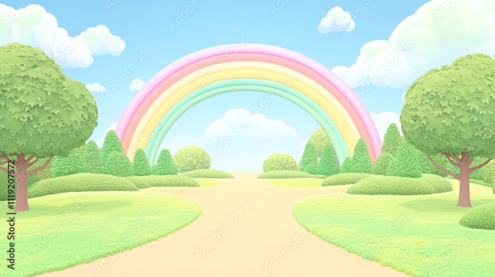 Fototapeta premium A bright, cheerful landscape featuring a rainbow, trees, and a winding path.