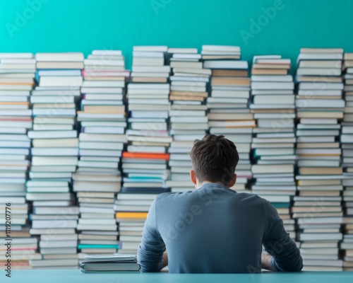 Focused Study Session Young Man Engaging with Books in a Library Setting photo