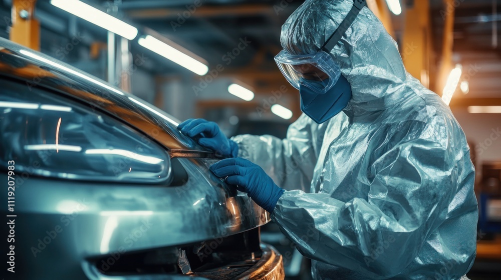 Mechanic Inspecting Car in Protective Gear Mechanic Inspecting Car in Protective Gear