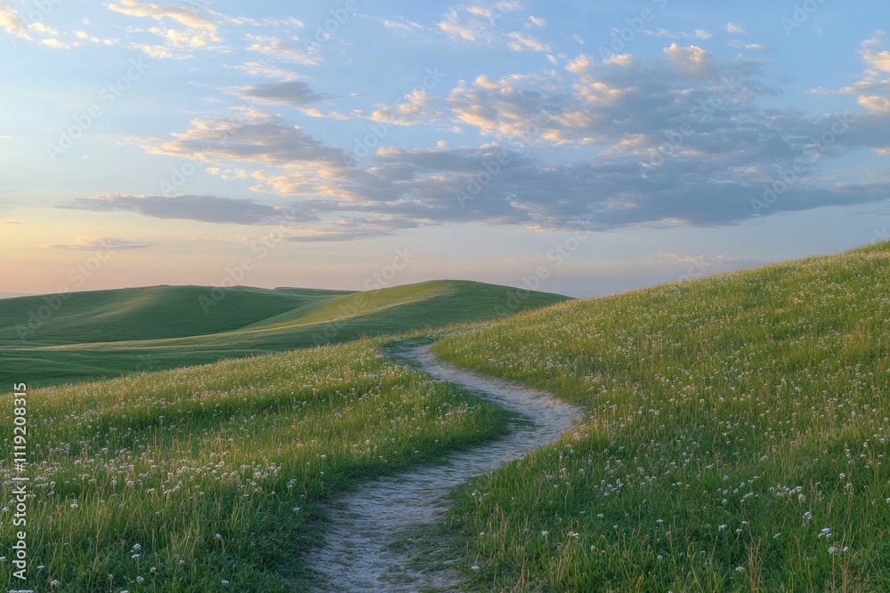 Obraz premium Serene path winding through grassy hills at sunset, wildflowers dotting the landscape. Ideal for travel, nature, and serenity concepts; evokes peace and tranquility.