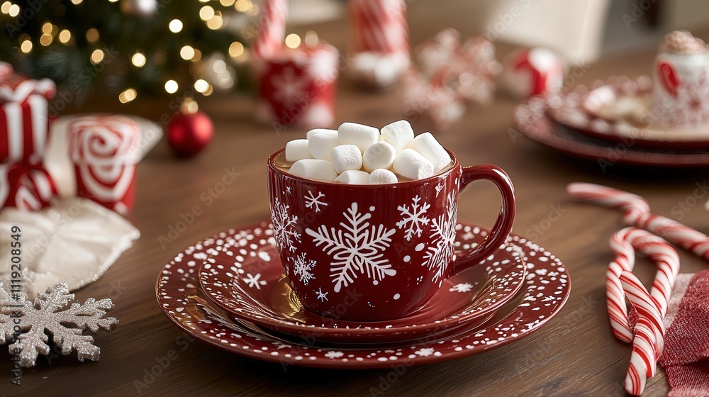 A festive holiday table featuring a cocoa cup with marshmallows, a scattering of candy canes, and snowflake-themed decorations A festive holiday table featuring a cocoa cup with marshmallows, a scattering of candy canes, and snowflake-themed decorations