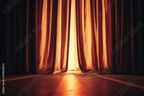 Glimpse of the stage from behind velvet curtains during a performance at a theater in the evening photo