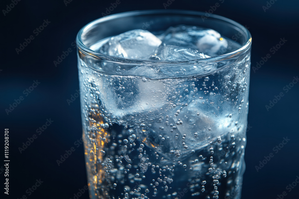 Glass of sparkling water with ice on dark blue background. Glass of sparkling water with ice on dark blue background.