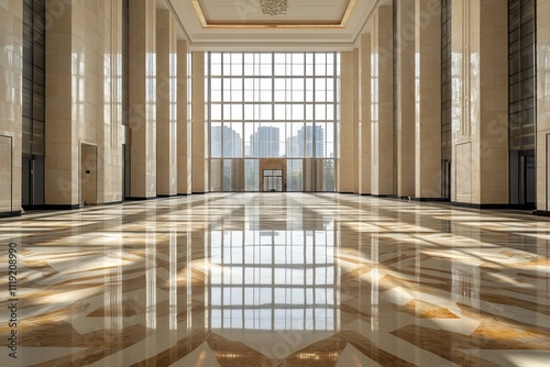 Modern interior of a spacious lobby featuring large windows and polished floors in a contemporary building photo