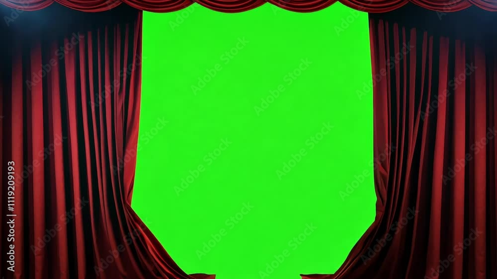 Dramatic red curtain opening animation with green screen background, perfect for editing with chroma key
