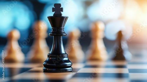 A close-up of a black king chess piece standing prominently against a blurred backdrop of other chess pieces, symbolizing strategy and focus.
