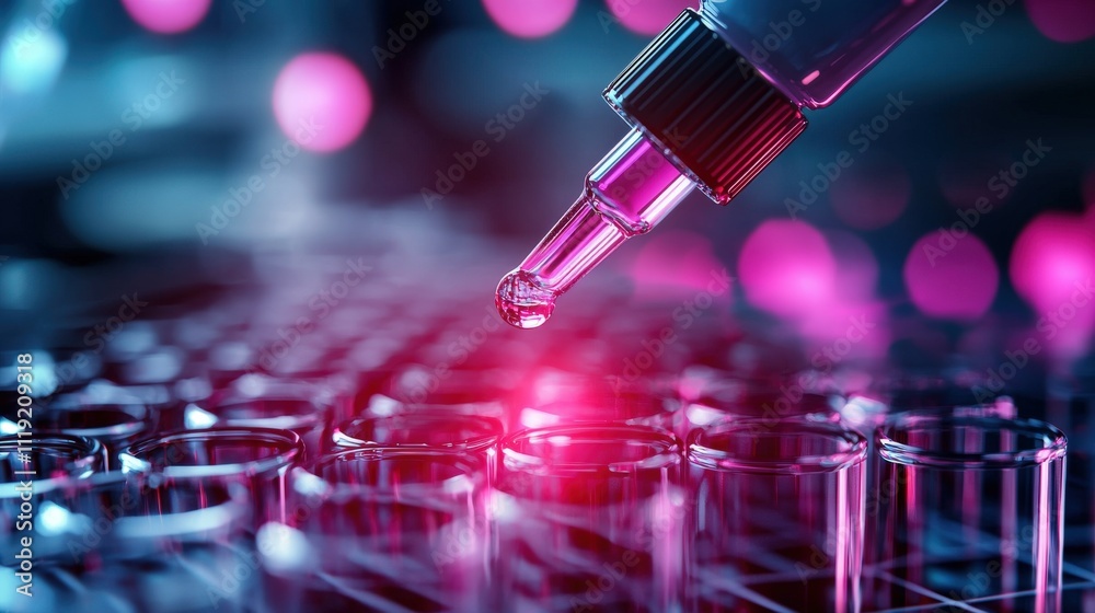 A close-up of a pipette dropping liquid into test tubes, showcasing laboratory innovation and precision in scientific research. A close-up of a pipette dropping liquid into test tubes, showcasing laboratory innovation and precision in scientific research.