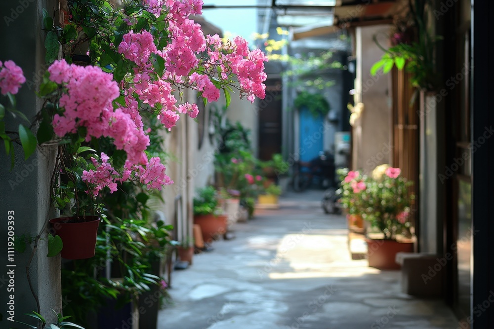 Vibrant pink bougainvillea blooms in a terracotta pot, adorning a narrow alleyway. This image evokes serenity and showcases the beauty of urban nature, ideal for travel or lifestyle blogs. Vibrant pink bougainvillea blooms in a terracotta pot, adorning a narrow alleyway. This image evokes serenity and showcases the beauty of urban nature, ideal for travel or lifestyle blogs.
