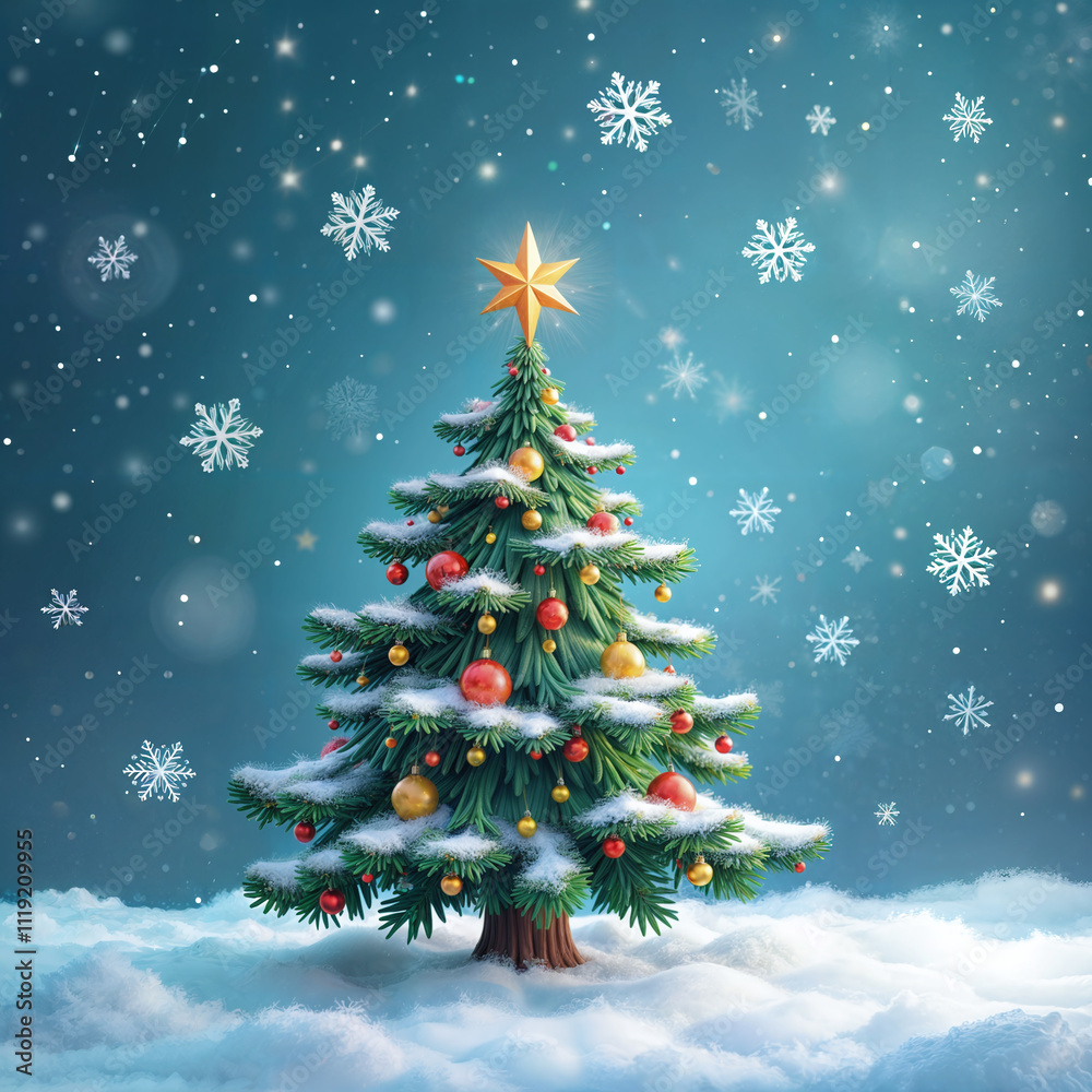 Obraz premium An animated-style illustration for a storybook cover of a large Christmas tree and gift box on top of a snowy landscape with large snowflakes