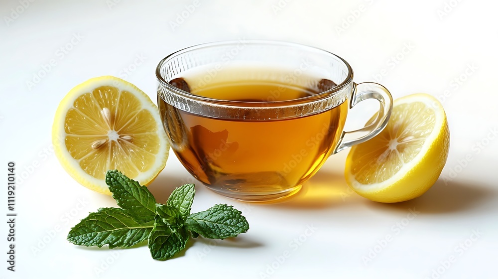 Tea in cup with mint leaf and lemon isolated on white background Tea in cup with mint leaf and lemon isolated on white background
