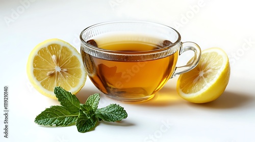 Tea in cup with mint leaf and lemon isolated on white background