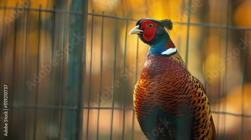 a proud pheasant in a cage, with a regal design and a stunning outdoor background photo