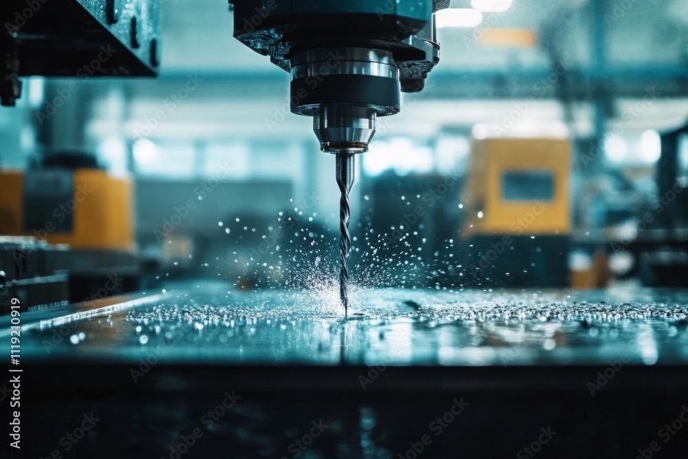 Close-Up View of Black CNC Machine Drill Bit Drilling Metal Surface in Industrial Workshop Setting, Intense Mood Close-Up View of Black CNC Machine Drill Bit Drilling Metal Surface in Industrial Workshop Setting, Intense Mood
