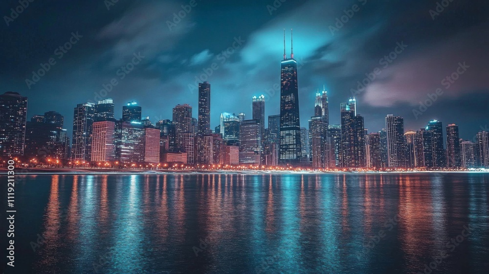 Chicago Skyline Illuminated at Night: Tall Buildings Reflecting Colorful Lights on Calm Water - Peaceful and Serene Cityscape Chicago Skyline Illuminated at Night: Tall Buildings Reflecting Colorful Lights on Calm Water - Peaceful and Serene Cityscape