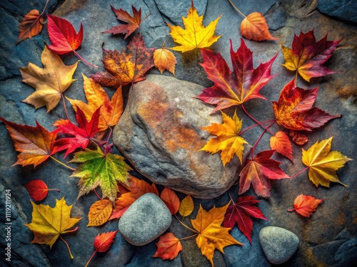 Autumn Leaves Grey Rock Top Down Vintage Photography AI Art photo