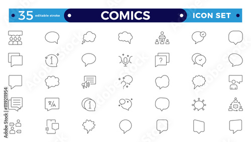 Comics outline icon set. Speech bubble line icon big set. Talk, people, man, user, dialog, chat, cloud etc. Talking, speaking, chatting, screaming, laughing, dreaming bubbles. Editable stroke outline 