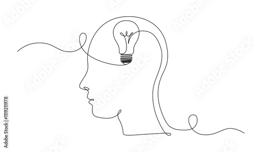 Lightbulb in head in One single Line drawing for logo, emblem, web banner, presentation. Simple creative idea and imagine concept. Vector illustration eps 10