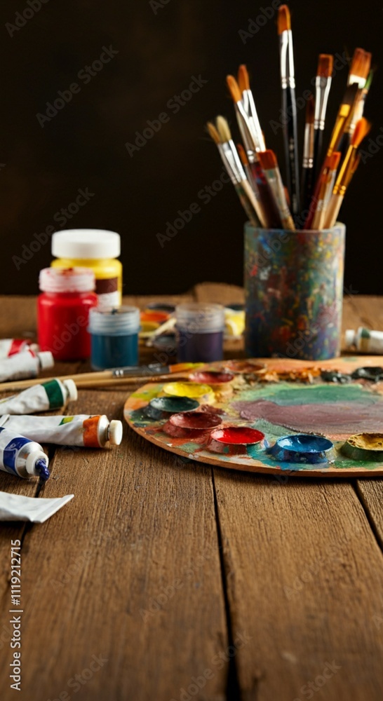Obraz premium Colorful Art Supplies Spread for Art Class