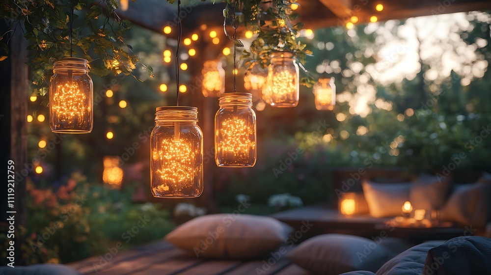 A cluster of mason jar fairy light lamps glowing softly in pastel hues, hanging from a rustic wooden beam in a bohemian-style outdoor patio, surrounded by soft cushions and greenery, A cluster of mason jar fairy light lamps glowing softly in pastel hues, hanging from a rustic wooden beam in a bohemian-style outdoor patio, surrounded by soft cushions and greenery,