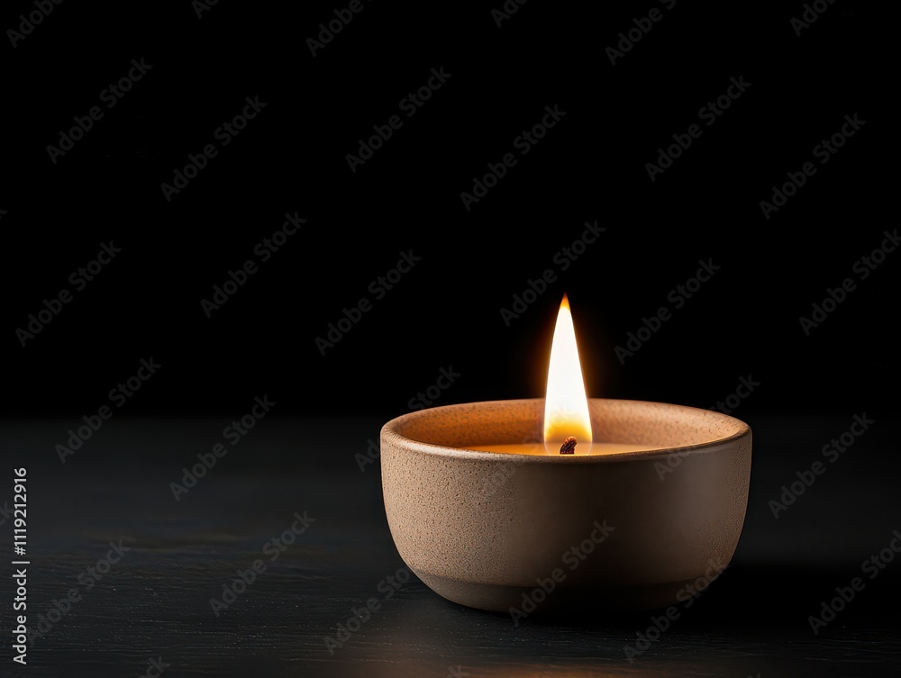 Small candle in a ceramic holder glowing softly in a dark environment
Small candle in a ceramic holder glowing softly in a dark environment