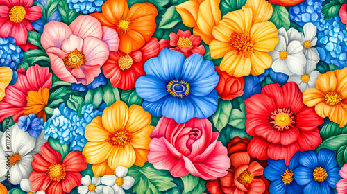 Watercolor illustration of vibrant flowers, perfect for design applications such as covers, fabric, textiles, and wrapping paper