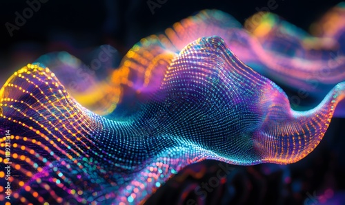 A detailed close-up of the curves and edges in a hologram, featuring a mesmerizing blend of iridescent colors and futuristic patterns. Perfect for abstract backgrounds, technology themes.