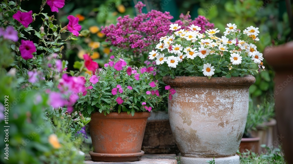 Colorful flower pots display vibrant blooms in a serene garden setting during springtime Colorful flower pots display vibrant blooms in a serene garden setting during springtime