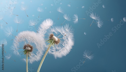 The concept of happiness and new beginnings: Dandelion seeds floating in the wind, symbolizing wishes and fresh starts.