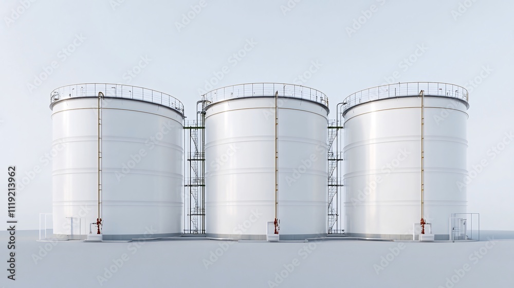 Three large white industrial storage tanks in a row, exterior view. Three large white industrial storage tanks in a row, exterior view.