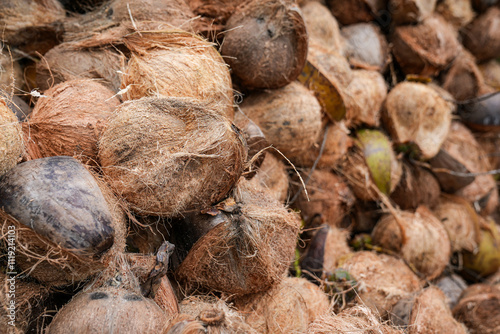 A stack of dried coconuts arranged neatly, showcasing their natural textures and brown tones, ideal for traditional uses in cooking, oil production, or crafts. A blend of nature and utility