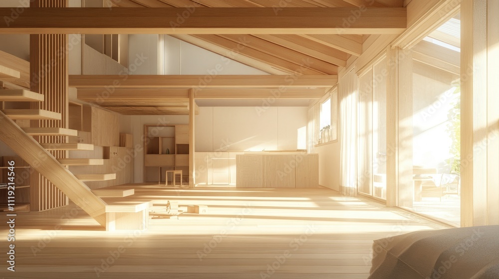 Bright, clean wooden house interior in progress, with visible structural beams and partially installed wall panels Bright, clean wooden house interior in progress, with visible structural beams and partially installed wall panels