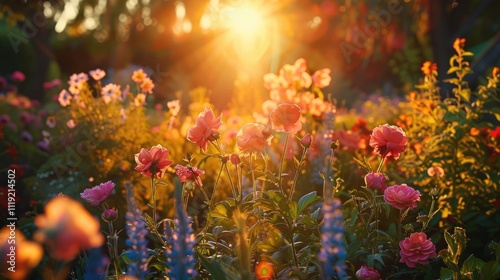 a serene garden with vibrant flowers, in a warm sunset background