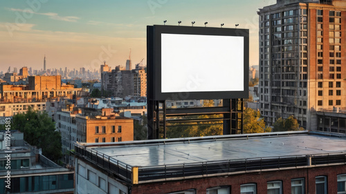 Large blank white rooftop billboard mockup overlooking a bustling cityscape, offering ample space for advertising or creative expression photo