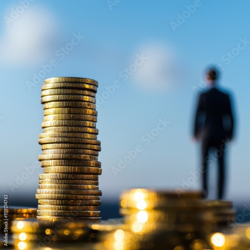 A silhouette of a businessman stands behind a stack of gold coins, symbolizing wealth and financial success in a modern setting. photo