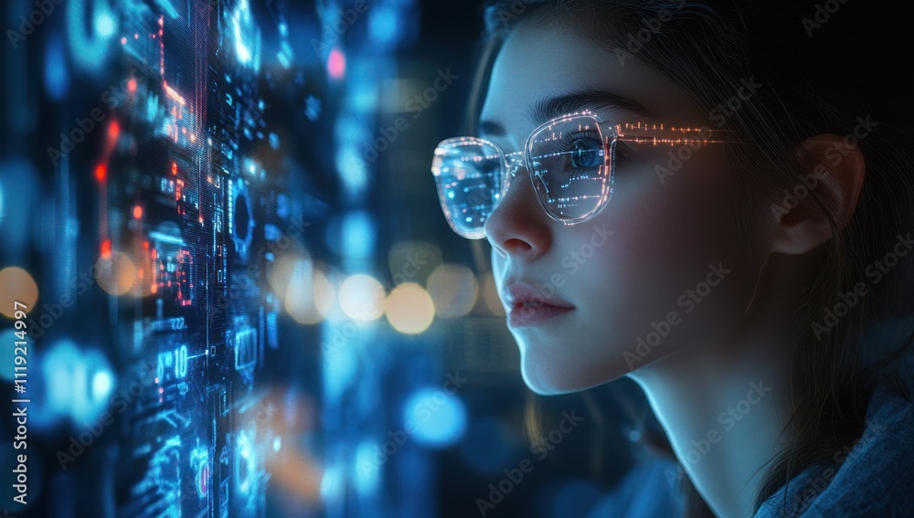 Woman Looking at Digital Interface with Glowing Glasses Woman Looking at Digital Interface with Glowing Glasses