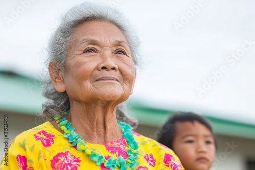 Elderly Chamorro Woman Sharing Stories with Child on Santa Marian Kamalen Day – Exploring Guam Heritage and Culture photo