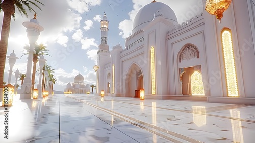 Grand white mosque exterior with illuminated details and palm trees. Pathway leads to the entrance. photo