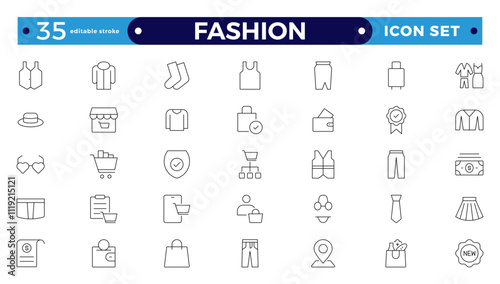 Clothing Outline icon set. Dress, polo t-shirt, jeans, winter coat, jacket pants, skirt minimal vector illustrations. Simple outline signs for fashion applications. Editable stroke outline icon.