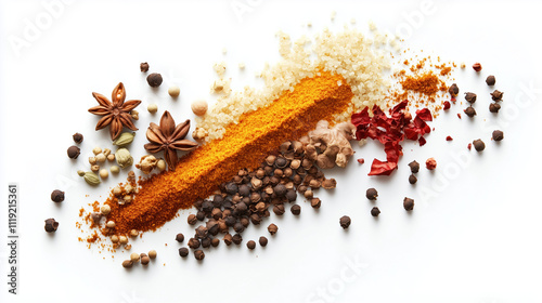 Minimalistic Curry Spice Presentation: Flat Lay with Sunlit Hard Shadows on White Background photo