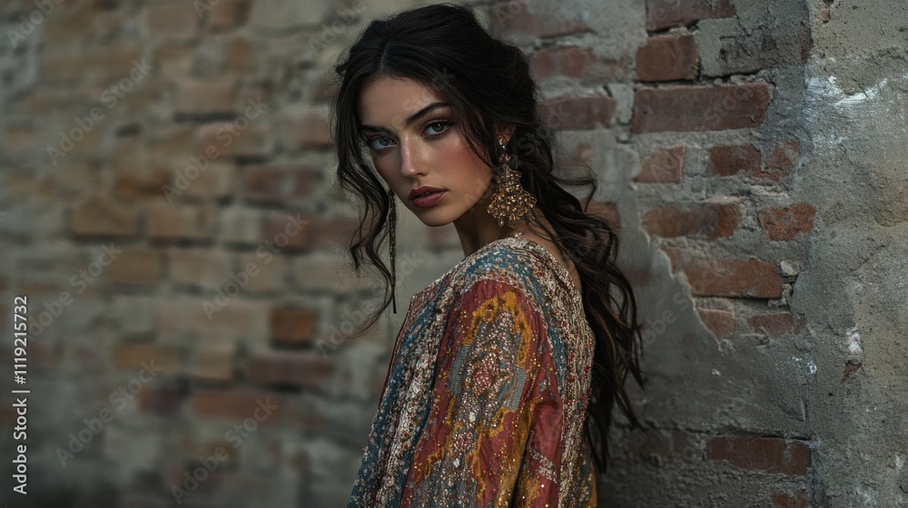 Woman in Embroidered Dress Leaning Against a Brick Wall Woman in Embroidered Dress Leaning Against a Brick Wall