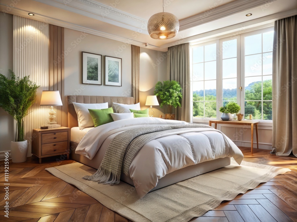 Fototapeta premium Cozy Hotel Room: Double Bed, White Sheets, Textile Decor, Morning Sunlight