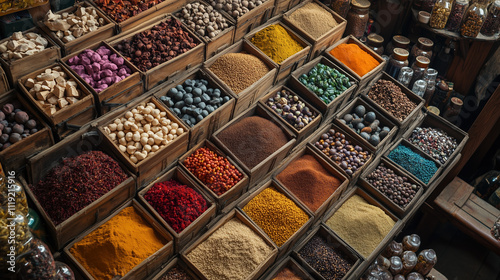 Authentic Moroccan Market Spices: Colorful Array in Reds, Yellows, Browns with Overhead Perspective and Textures photo