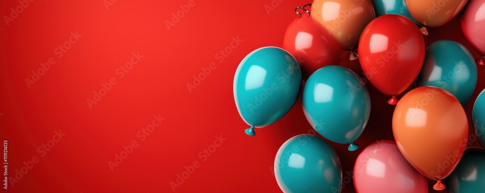 A vibrant collection of balloons in various colors floating against a bright red background, perfect for celebration themes. A vibrant collection of balloons in various colors floating against a bright red background, perfect for celebration themes.